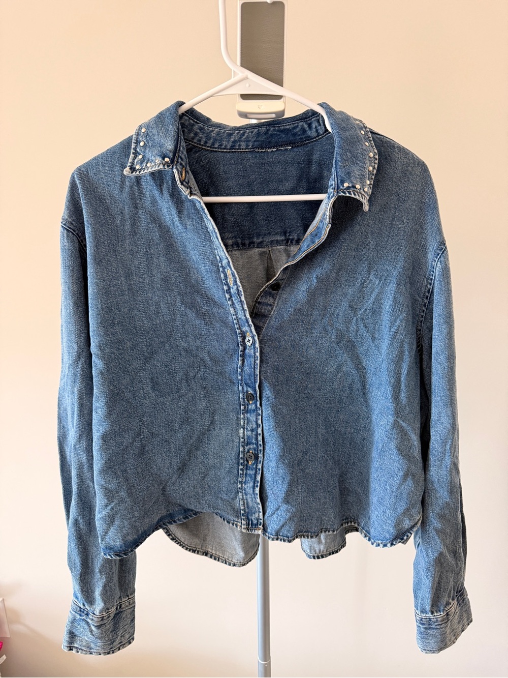 H&M Blue Denim Button-Up Shirt with Studded Collar